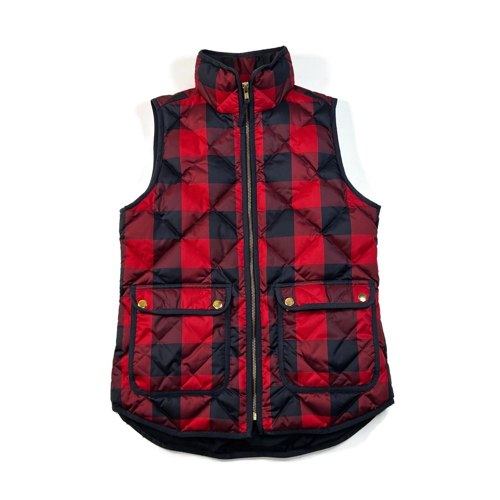 J Crew Excursion Down Vest‎ Womens XXS Red Buffalo Check B0255 Puffer Quilted